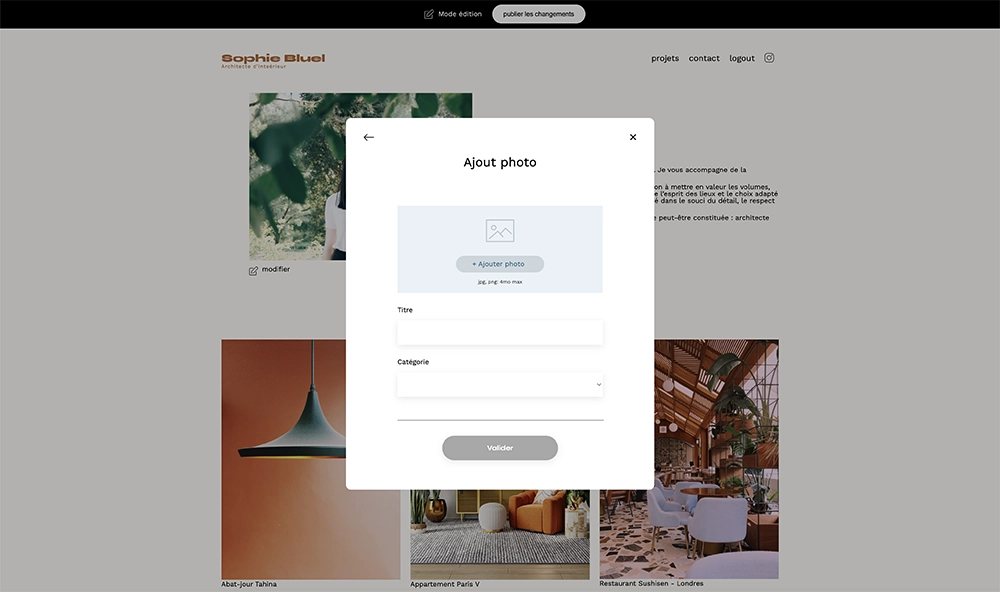Sophie Buel modal add works pages portfolio
